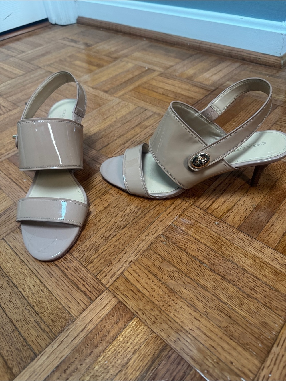 Coach Patent Nude Slingback Heels with Gold Accent
